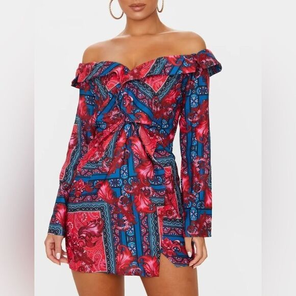 PrettyLittleThing Multi Paisley Bardot Knot Detail Blazer Dress NWT - Picture 1 of 12